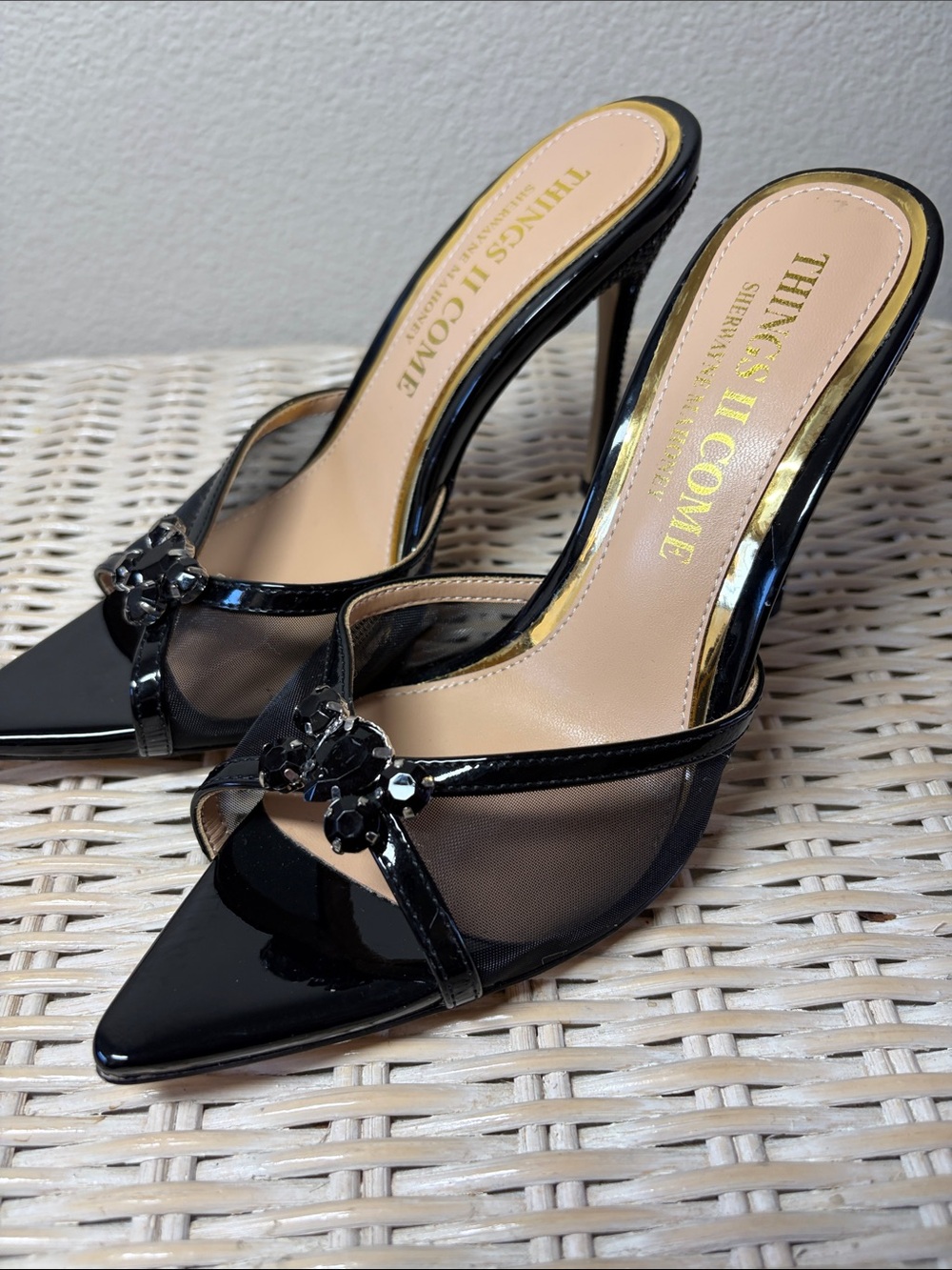 Black Patent & Mesh Stiletto Slide Heels